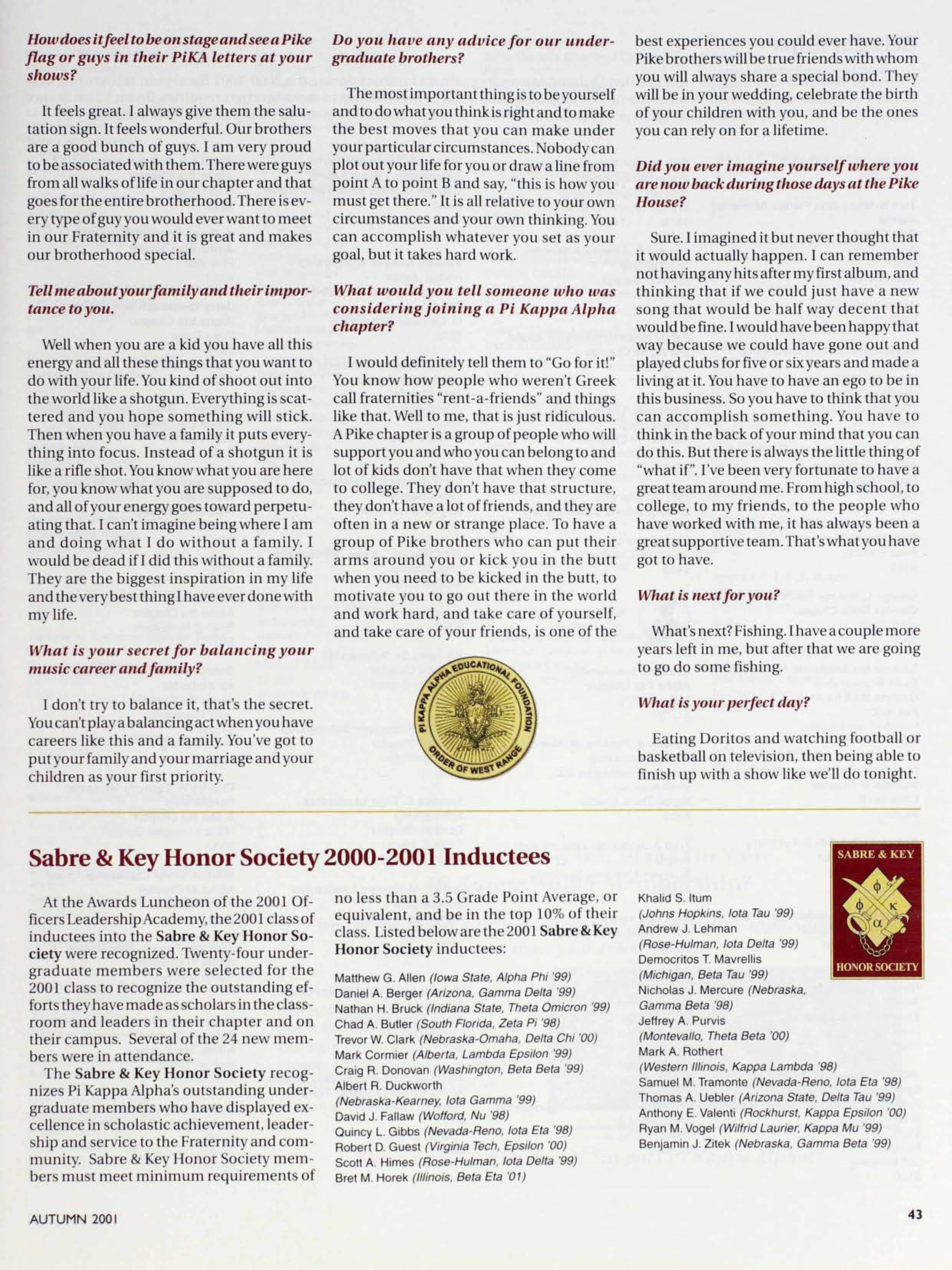 Educational Foundation: Sabre & Key Honor Society 2000-2001 Inductees, Autumn 2001